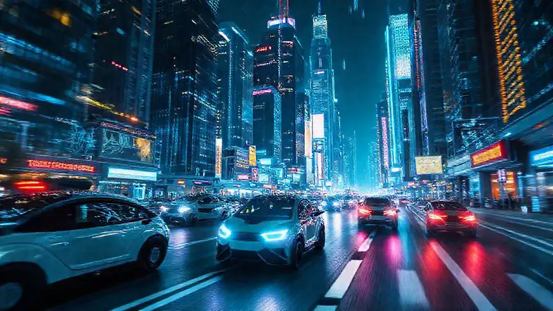 Ciudad futurista con autos autónomos y neon