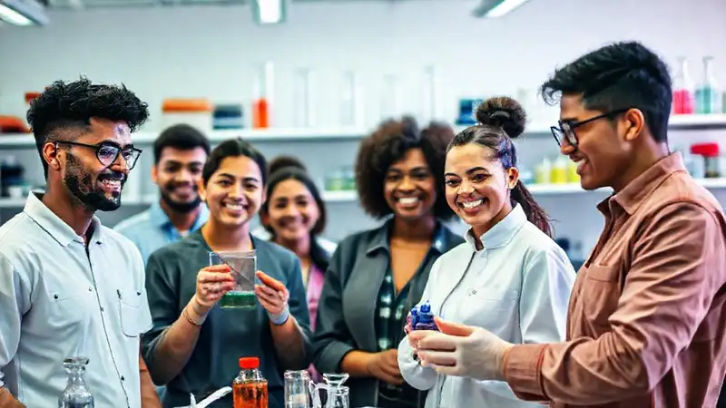 Estudiantes sonrientes en laboratorio colaboran e innovan