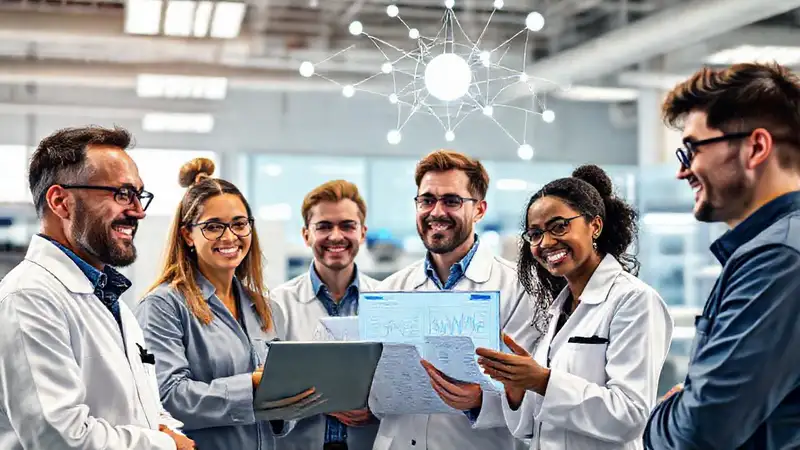 Ingenieros colaborando en laboratorio innovador y futurista