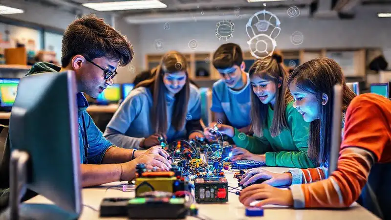Estudiantes en aula moderna con tecnología y colaboración