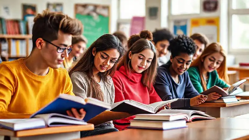Estudiantes diversos estudiando en un ambiente positivo