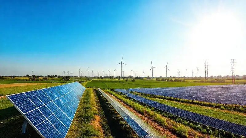 Energía sustentable en campo con paneles y turbinas