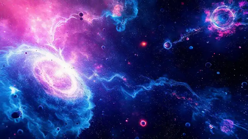 Escena cósmica futurista con partículas luminosas